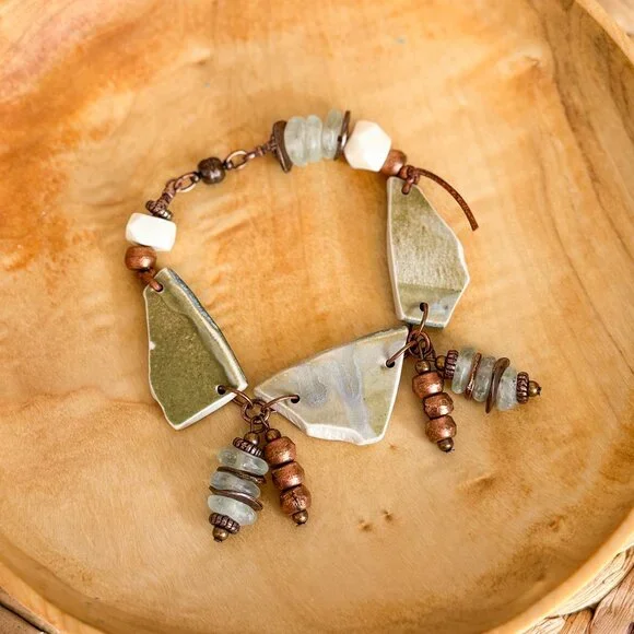 Chunky boho glass bead bracelet with copper charms - Picture 4 of 10